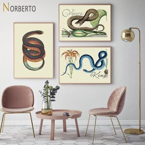 Retro Animals Canvas Painting Viper Plant Poster Print Illustration with Cursive Script for Living Rooms Bedroom Wall Decoration