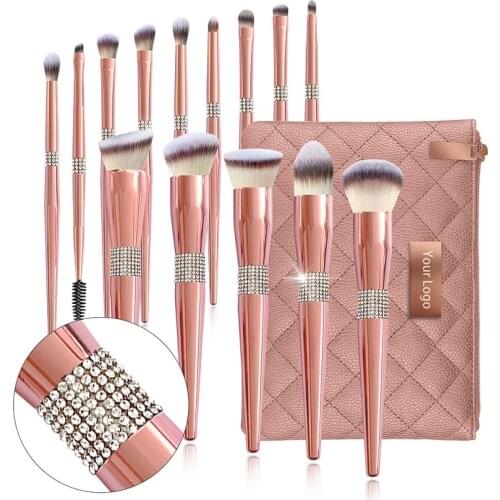 High Quality Makeup Brush Set 14pcs Diamond-encrusted Handle Glitter Cosmetic Brush Set Bling Luxury Rose Gold Makeup Brushes