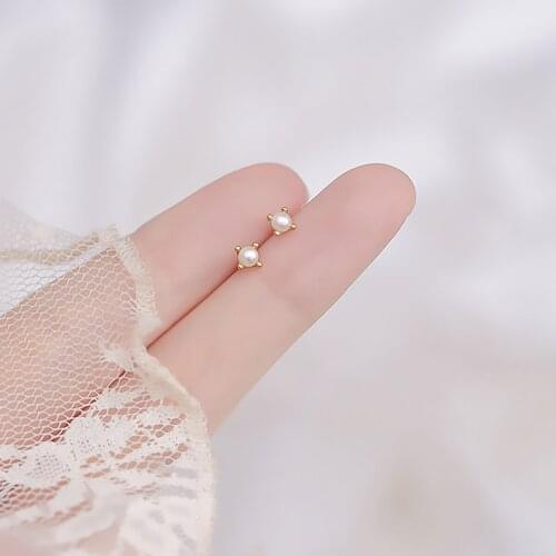 Earrings 2021 Trendy 925 Silver Simple Fashion Four-claw Pearl Piercing Earrings Female Exquisite Student Girlfriend Pearl Ear