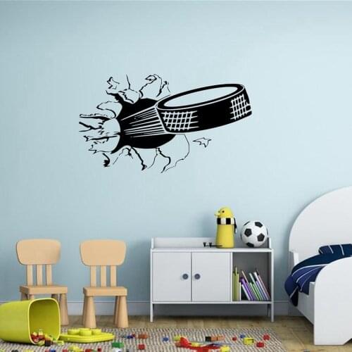 Sports Ice Hockey Art Decal ,Puck Ripping Bursting Through Wall Vinyl Sticker Z103
