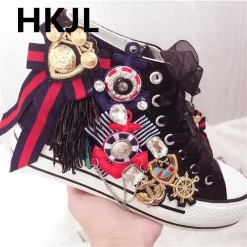 Outdoor original handmade custom sweet exquisite rhinestone tassel chain badge ladies wild canvas shoes