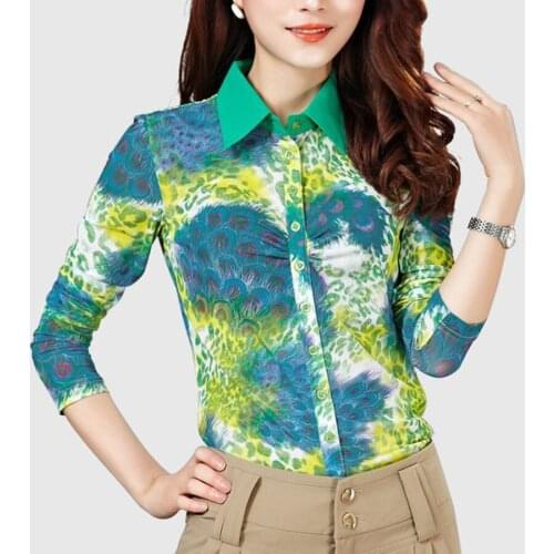 Spring Fall Fashion Womens Printed Green Full Sleeve Mesh Stretch Blouse Shirt , Casual Female Woman Pleated Cardigan Blouses