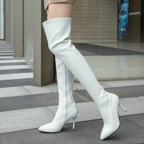 Black Red White Women Over the Knee Boots Artificial Elastic PU Ladies Winter Boots Fashion Zipper High Heel Boot Large Size 43