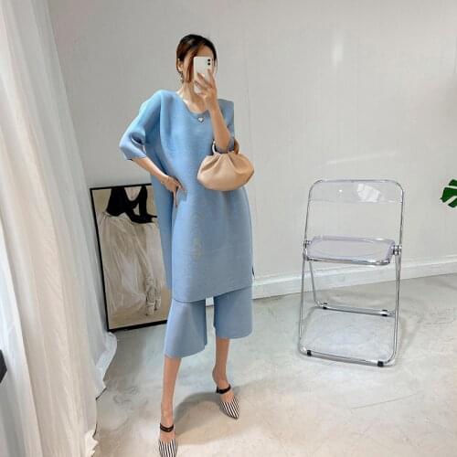 Miyake Pleated Spring Summer 2021 fashion two piece set plus size casual aesthetic clothes wide Straight leg pants suit dress