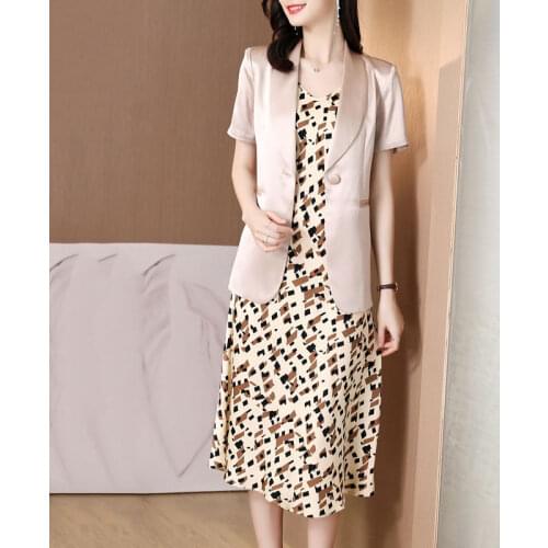 Acetate Satin Blazer Sets Female 2021 Summer New Short Sleeve Suit Jacket + Printed Suspender Dress Womens Two Piece Set aq817