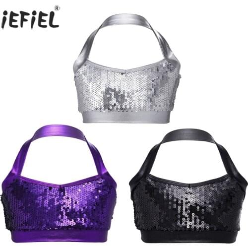 Girls Crop Tops Casual Fashion Halter Glittery Sequins Sleeveless Bra Tops Ballet Dance Stage Performance Kids Underwear