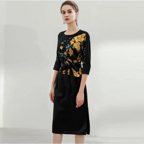 Ladies Black Summer Office 2021 Runway Fashion Yellow Flower Print Belt Split Long Silm Elegant Dress
