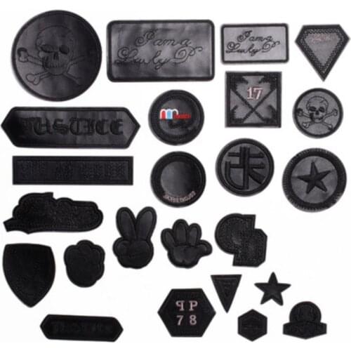 1Pcs Black leather Letters Logo Embroidery Patches for T-shirt Iron on Stripes Appliques Clothes Stickers Clothing Badges