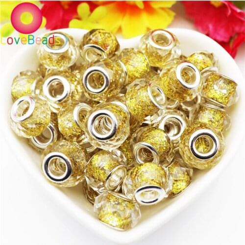 10Pcs Gold Color Glass Glitter Powder European Beads Crystal Faceted Rondelle Beads Large Hole Beads for Jewelry Making Bracelet