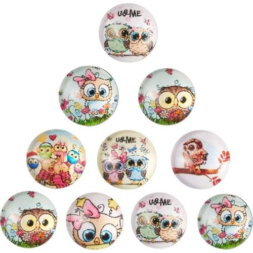100pcs 10/12/25/30mm Print Cute Owl Pattern Flatback Half Round Clear Glass Cabochon Transparent Dome for Jewelry Making Finding