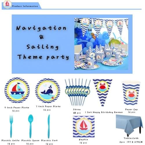131 Pcs Birthday Party Disposable Tableware Sets Party Decorations Navigation Sailing Kids Birthday Sea Theme Party Supplies