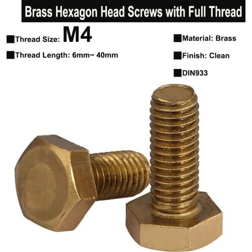 20Pcs/10Pcs M4 Brass Hexagon Head Screws with Full Thread Hexagon Head Bolts DIN933 Thread Length 6mm~40mm