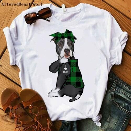 2021 Pit Bull Mom Tshirt Women Summer Harajuku I Love Mom Plaid Bandana Print T-shirt Funny Short Sleeve dog T Shirt Clothes