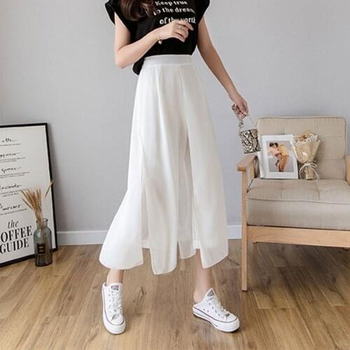 3 Colors High Waist Pants Summer Cool Chiffon Fake Two Pieces Bottoms High Waist Wide Leg Pants Female Nine Points Loose Skirt