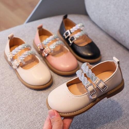 Childrens Flats Glitter Rhinestone Solid Color Party Performance Shoes Baby Student Girl Shoes Kids Soft Sole Leather Flats