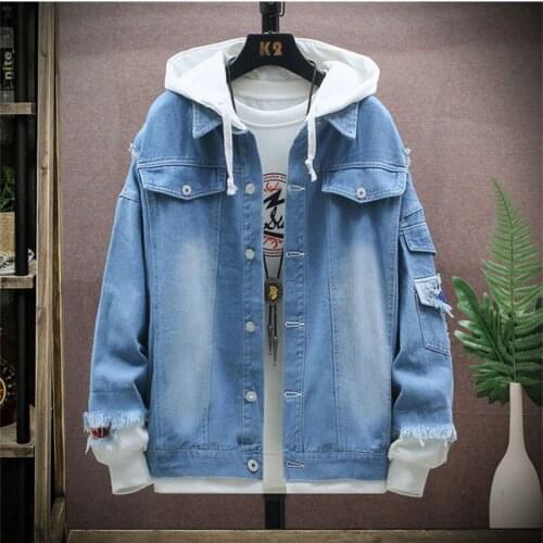 Denim Jacket Men Cotton Loose Casual Coat Autumn Spring Loose Outwear Men Hip Hop Streetwear Hooded Jacket Jaqueta Masculina