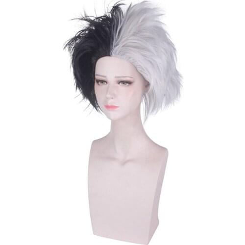 Cruella De Vil Short Wig Cosplay Costume Heat Resistant Synthetic Hair Men Women Afro Wigs