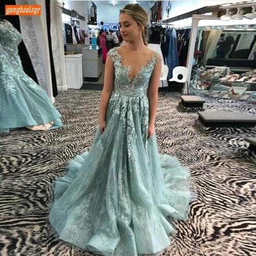 Fashion Boho O Neck Evening Dresses Long Appliqued Lace Tulle A Line Women Formal Dress Party Custom Made Banquet Evening Gowns