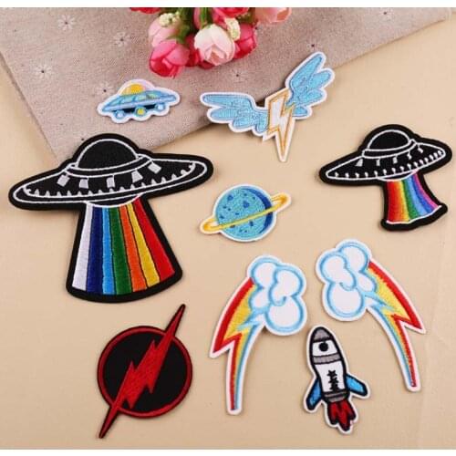 Fashion embroidery badge DIY color spaceship lightning rocket clothes decorative patches stick