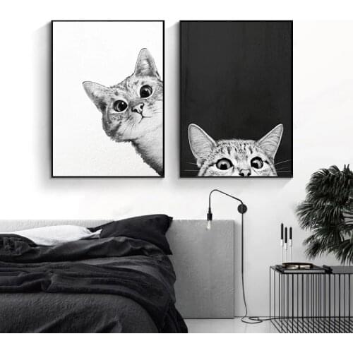 Simple Nordic Cartoon Cat Posters Prints Black and White Abstrack Canvas Wall Art Painting Pictures For Home Design Baby Decor