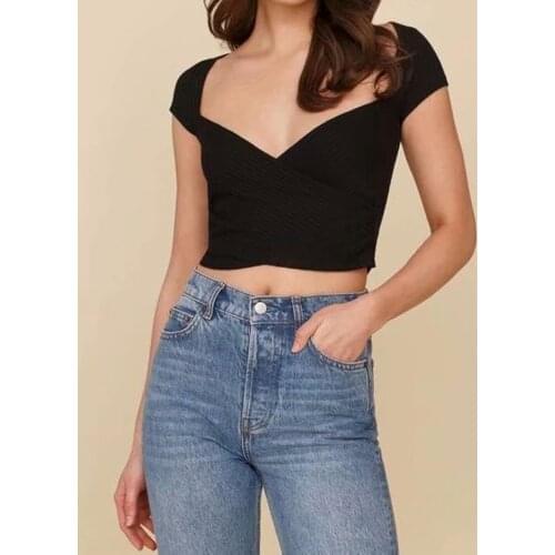 Sexy Knitted Ribbed Cross Cropped Tops T Shirts For Women Summer V Neck Short Sleeve Skinny Stretch Tshirt Pleated Tee Clothes