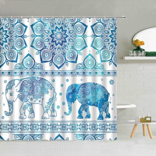 Blue Mandala Flower Shower Curtain Elephant Bohemia Pattern Fabric Bathroom Home Supplies Decoration Hanging Curtains Washable