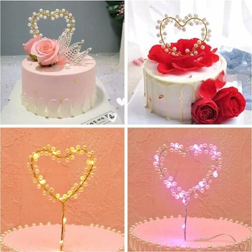 Pearl Crystal Love Heart Shape Cake Topper Wedding Happy Birthday Party Cakes Decorations Tool Girls Lady Miss Favors Shiny Gift