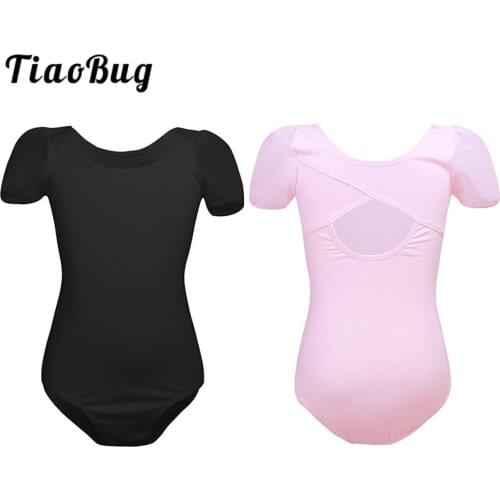 TiaoBug Kids Professional Ballet Leotard Chiffon Short Sleeve Cutout Back Girls Gymnastics Leotard Bodysuit Practice Dance Wear