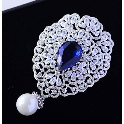Vintage Big Blue Zircons Crystal Brooches Pins for Women Wedding Bridal Bouquets Jewelry Accessories Elegant Dangle Broches Pin