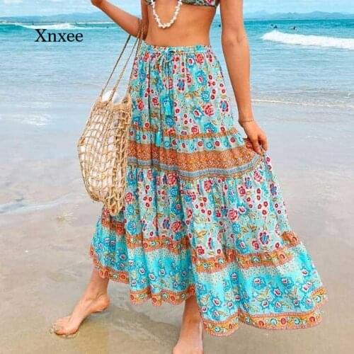 Spring/summer 2021 Womens Mid-Length Skirt, Elastic Waist, Bohemian Blue Floral Skirt, New Floral Bohemian Skirt