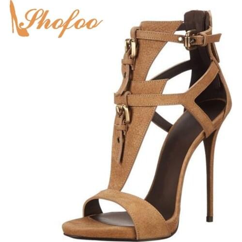 Brown Open Toe Sandals High Thin Heels Female Shoes Buckle Strap Large Size 11 14 Ladies Summer Fashion Office Mature Shofoo