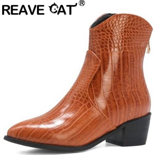 REAVE CAT New 2021 Ladies Ankle Boots Pointed Toe 5cm Block Heels Zipper Concise Colorful Stylish Breathable Big Size 43 A3562