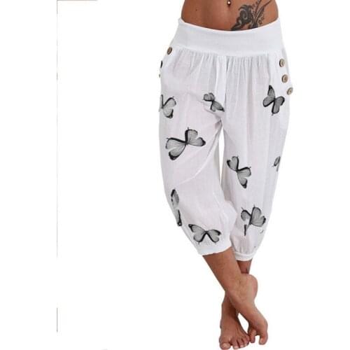 Capris Pants Women High Waist Harem Pants Lightweight Streetwear Female Pocket Baggy Capri Jogger Trousers Bottoms with Print