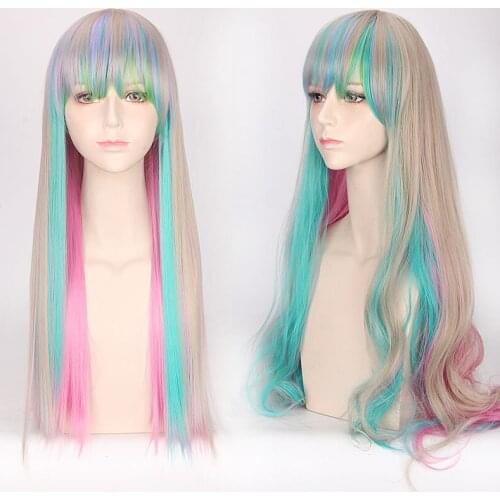 New Gradient Anime Harajuku Style Rainbow Colorful Long Curly Wig Cosplay Party Women 70 Cm High Temperature Synthetic Hair Wigs