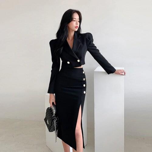 New arrival fashion spring black set women OL professional temperament short suit and split midi pencil skirt solid skirt suits