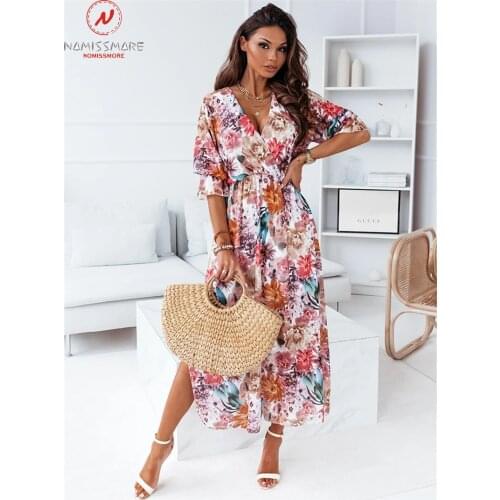Women Summer Print A-Line Dress Patchwork Design Ruffles Decor Cross V-Neck Puff Half Sleeve Elastic High Waist Slim Long Dress