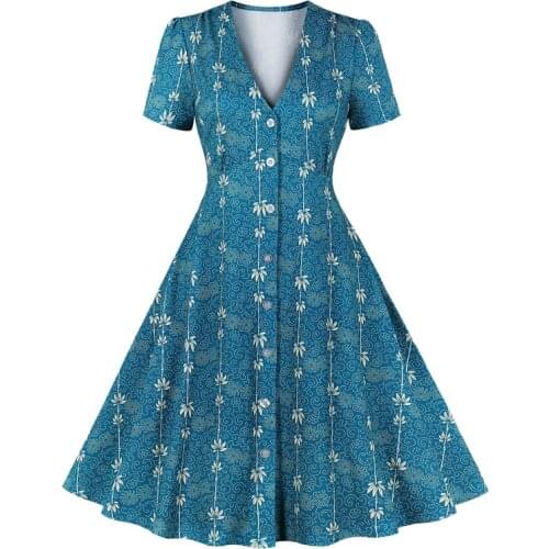 2021 Blue Print Floral V Neck 50s 60s Pin Up Women A Line Midi Dress Single Breasted Bow Tie Back Elegant Swing Dresses