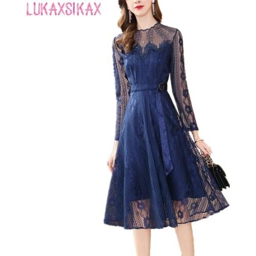 2021 New Spring Autumn Women Long Sleeve Dress High Quality Sexy Transparent Mesh Embroidery Patchwork Navy Blue Lace Dress