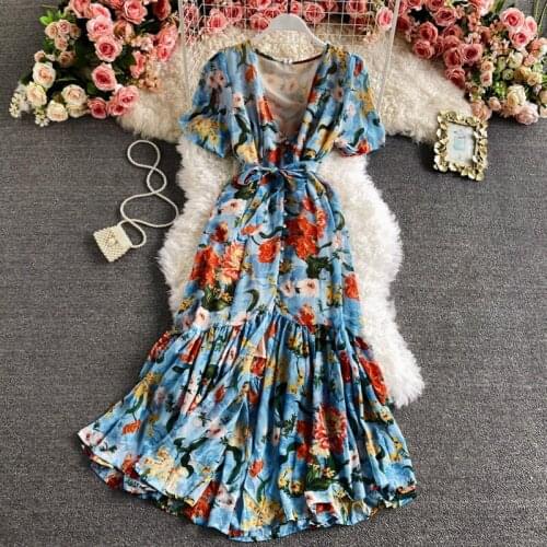 Womens Summer Chiffon Floral Dress Sexy V-Neck Single-Breasted Mermaid Dress With Ruffled Straps Female Vestidos 2021