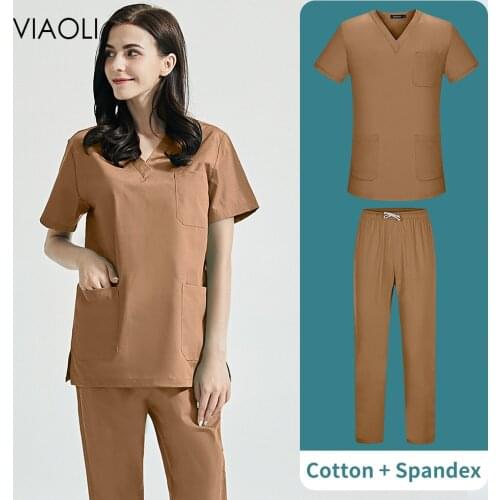 Tooth health check work wear Stretch spandex+cotton fabric scrubs uniforms Short Sleeved Scrubs women suits Unisex Spa Uniforms