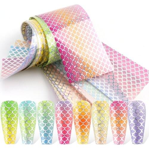 10PCS Nail Foil Stickers Mermaid Fish Scale Set Holographic Pink Green Nail Art Adhesive Gilding Sliders Manicure Decor CH9114