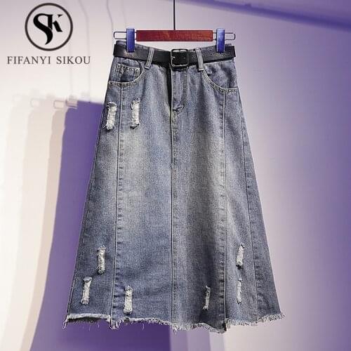 2020 Women Plus Size Denim Skirt Women Summer Loose High waist Midi Skirt Female Fashion Ripped A-Line Jeans Skirts With Belt