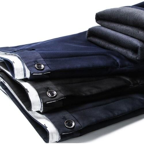 2021 Winter Fashion Black Blue Stretch Fleece Office Slim Trousers Male Brand New Mens Warm Thick Casual Pants Business