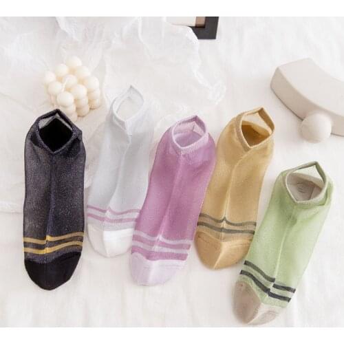 5 Pairs Summer New Fashion Silver Gold Silk Colorful Shining Female Short Socks Candy Color Harajuku Casual Women Socks