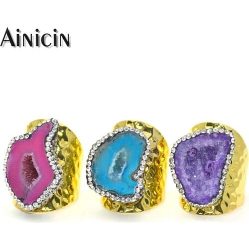 5pcs Red Blue Purple Mixed Color Natural Druzy Crystal Rhinestone Crystal Paved Adjustable Ring For Women Gift Jewelry