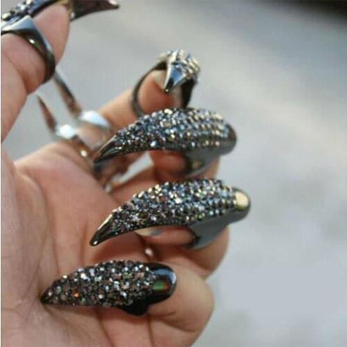 White And Black Color Full Crystal Exaggerated Eagle Claw Ring Gothic Punk Rock Style Eagle Claw Crystal Rhinestone Finger Tip