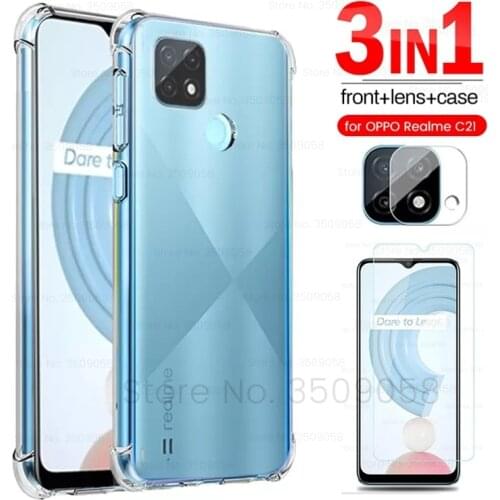 Camera Glass Realmi C21 Case Clear Airbag Phone Cover for RealmeC21 Tempered Glass Relme C21 C 21 Soft Silicone Shockproof Coque