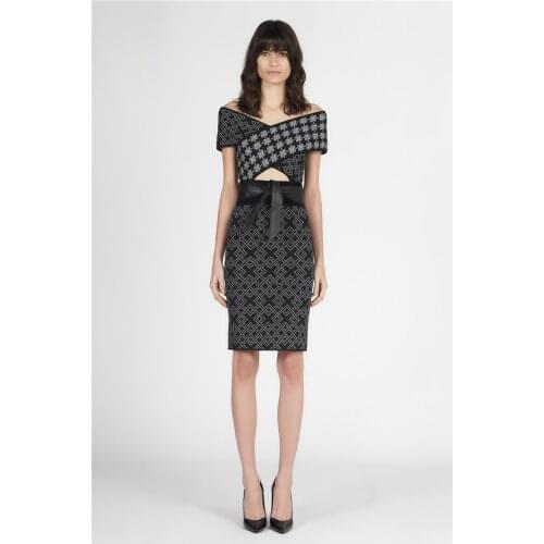 Black Luxury Vestidos Off The Shoulder Hollow Out Mini Bodycon Rayon Jacquard Celebrity Women Bandage Dress Evening Party Dress