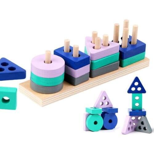 Wooden Montessori Toy Building Blocks Early Learning Educational Toys Color Shape Match Kids Toy for Boys Girls 2Y+ Small Size