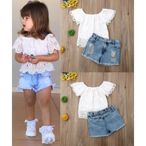 Focusnorm 1-6T Kids Baby Girl Clothes Short Sleeve Lace Shirt Tops+Denim Pants Outfits Sunsuit Summer Set For Cute Girl